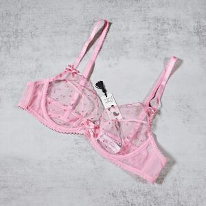 Playful Promises Nico Dotty Pink Sheer Mesh Plunge Bra Size 38B